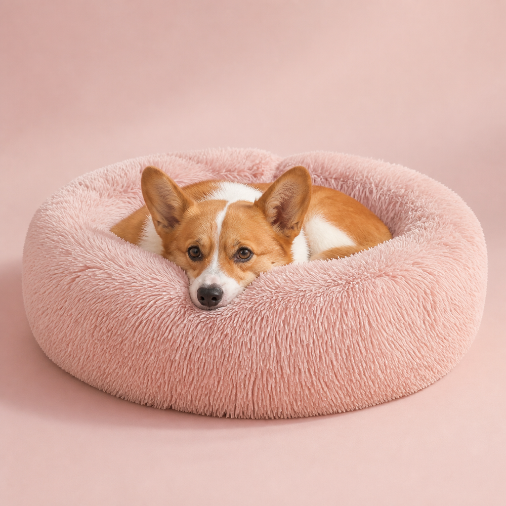 Corgi resting in the Blush Rosie Cloud Bed