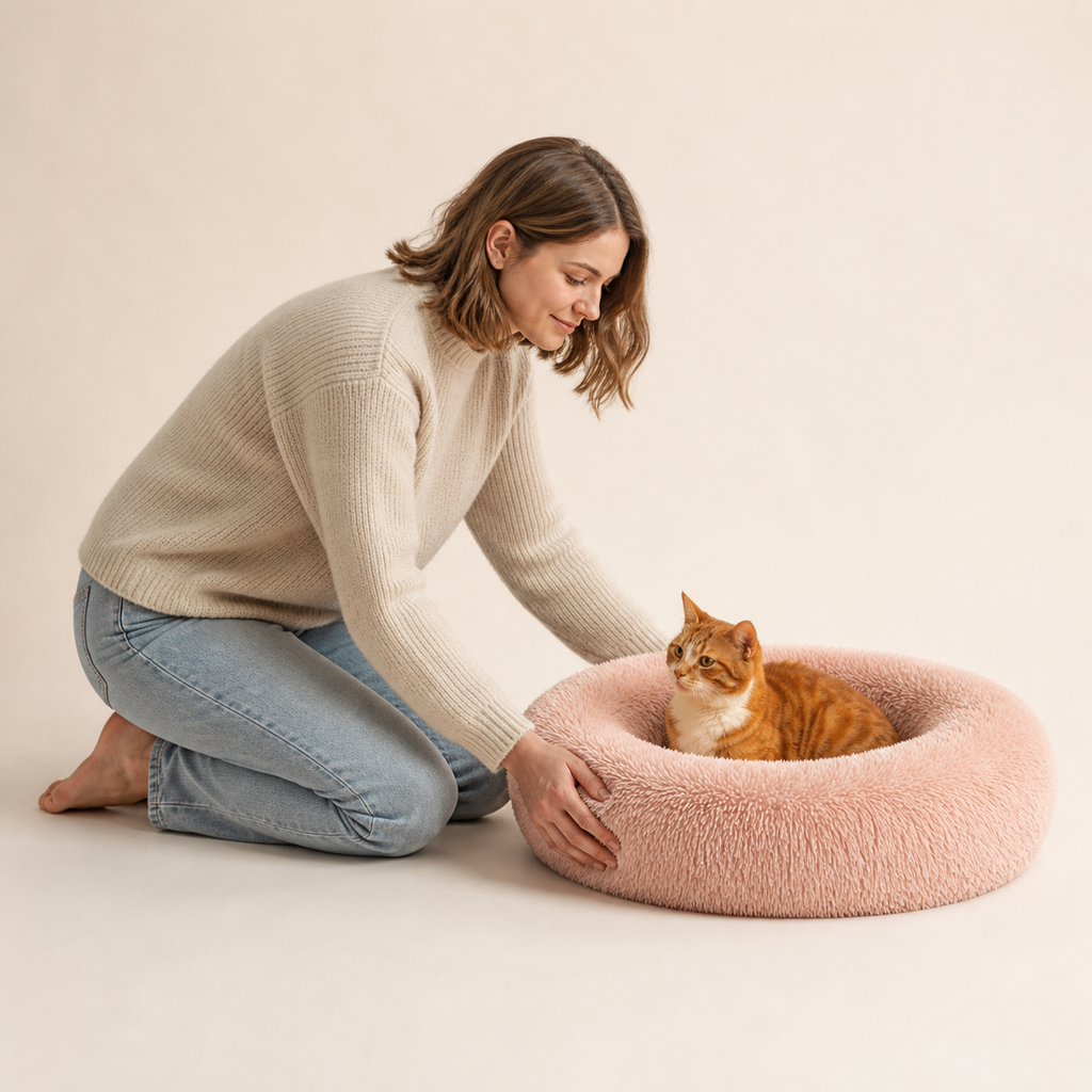 Woman beside a cat resting in the Blush Rosie Cloud Bed